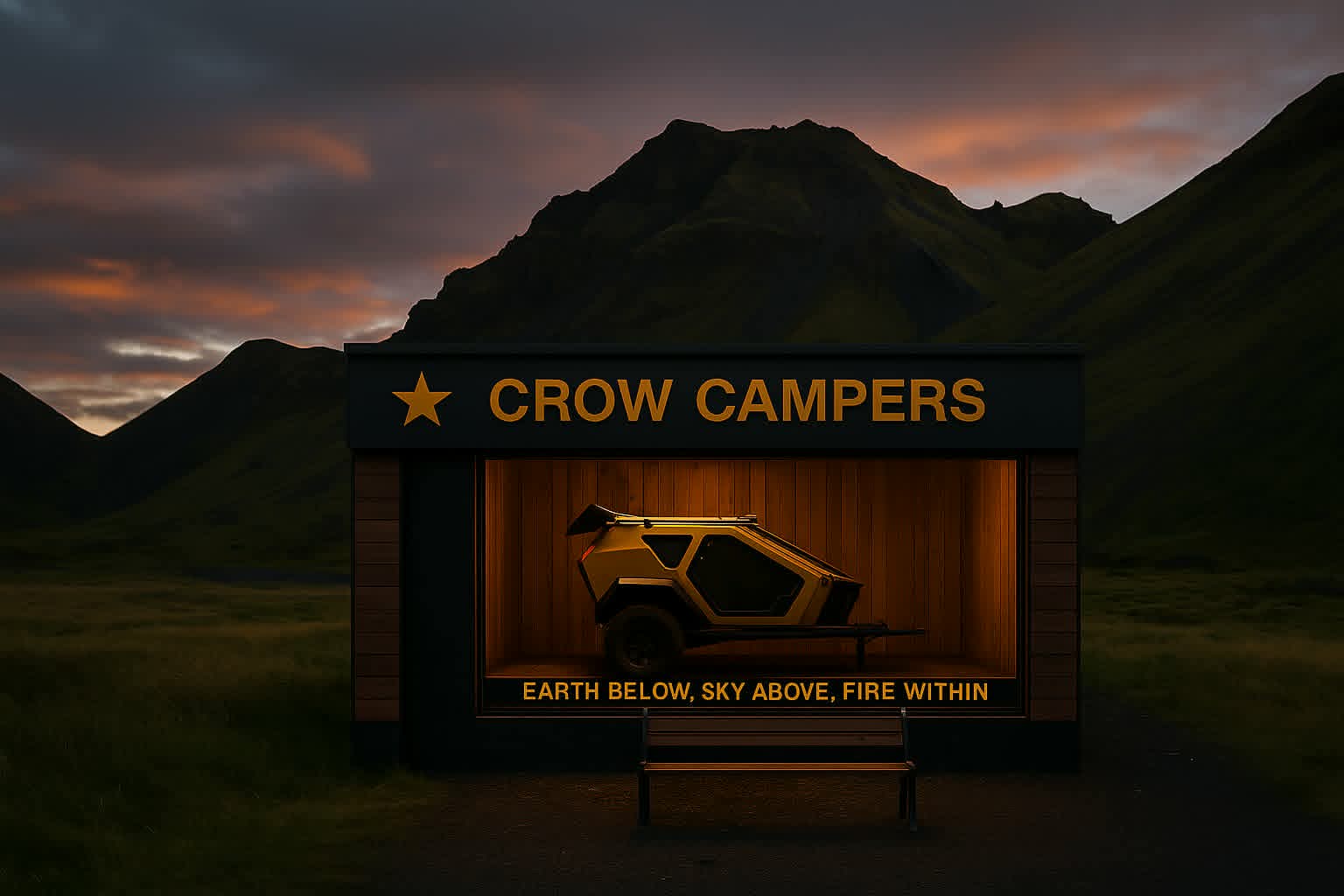 Crow Campers billboard — Earth below, Sky above, Fire within